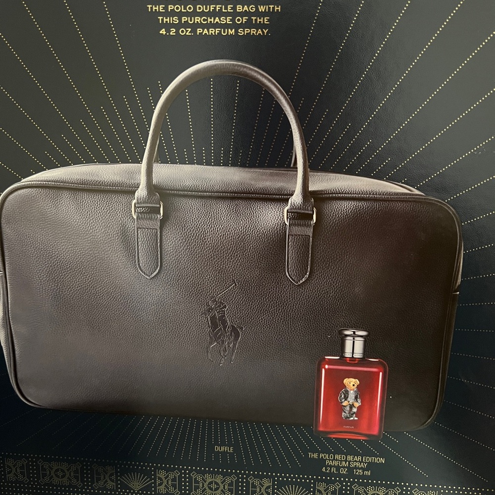 Polo by Ralph Lauren Red Parfum and Blue Leather Men's Duffel Bag - Picture 2 of 6
